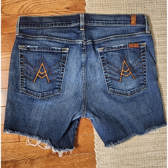 7 for all Mankind Denim Cut Off Shorts 32 Blue A Pocket Medium Wash Mid Rise 5" - Picture 1 of 6
